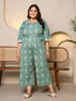 Jashvi Sage Green Geometric Printed Cotton Flex Jumpsuit With Zip Closure